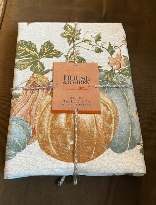 House & Garden Tablecloth 60”x84” Rust green Fall Thanksgiving Pumpkins New Gold