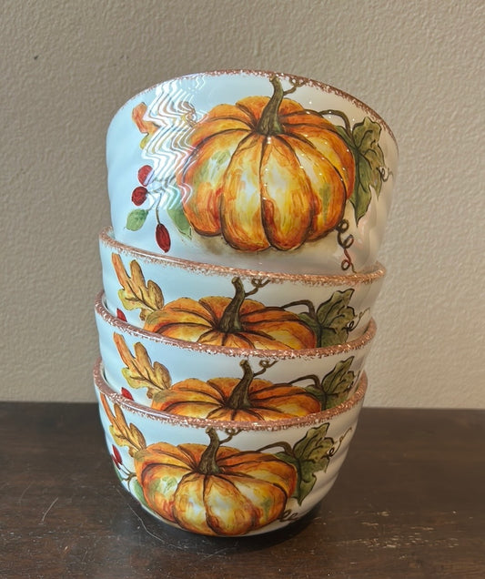 Maxcera Set Of 4 Pumpkin Print Fall Leaves Salad Soup Bowls New Thanksgiving