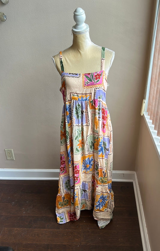 Paper Heart Womens Summer Dress Linen Blend Sz L Floral Stamps  New