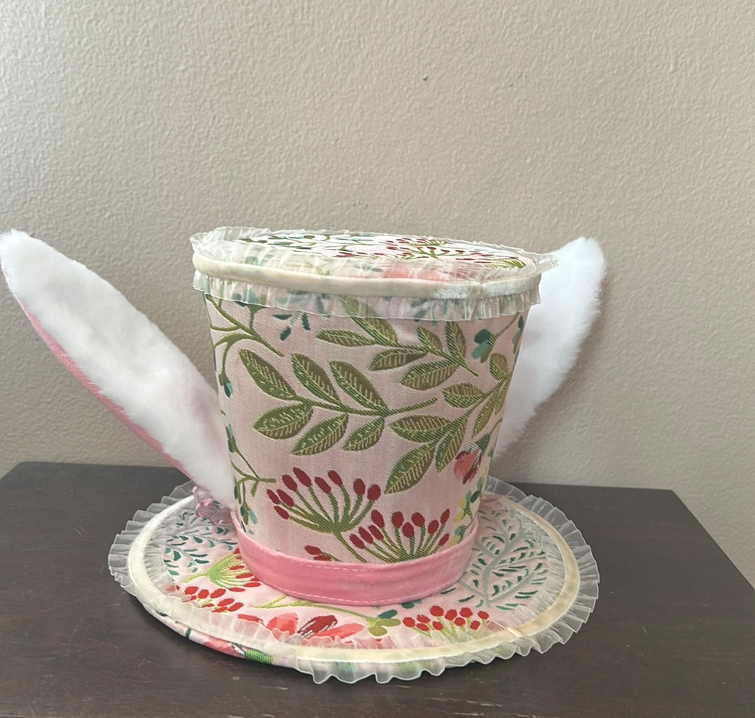 New Madhatter Theme Fabric Decorative Hat With Bunny Ears Easter 6 3/4” Tall