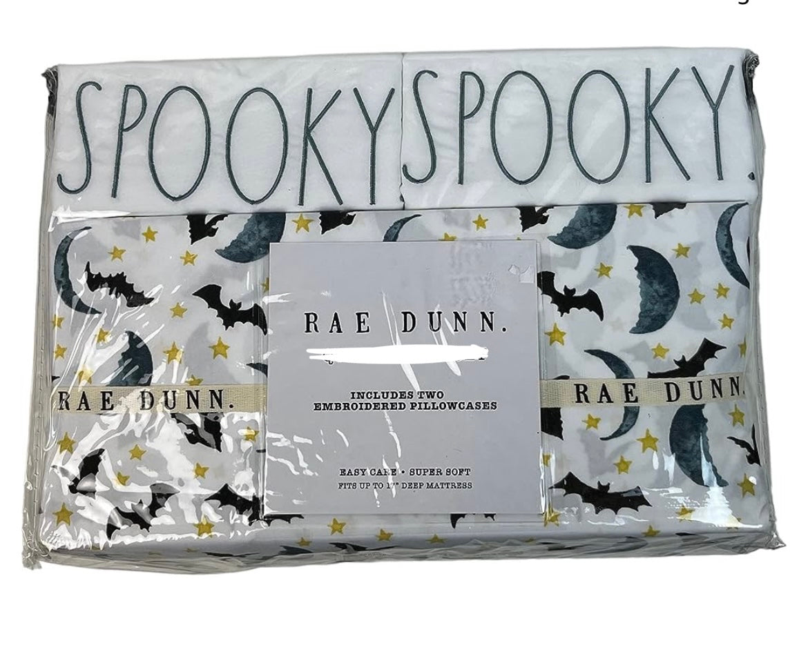 4pc Rae Dunn Halloween SPOOKY Moon Bats Queen Sheet Set Stars Embroidered NEW