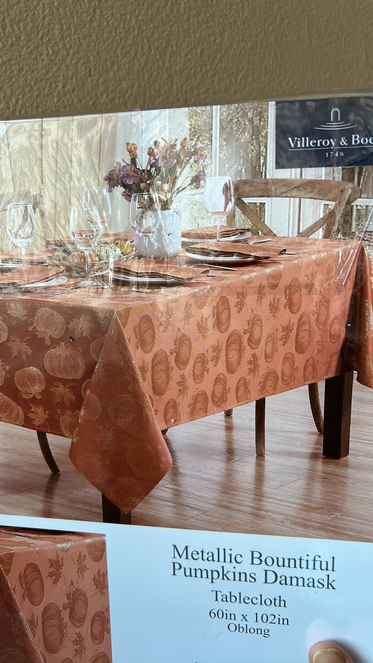 Villeroy & Boch Tablecloth Fall Thanksgiving New Damask Pumpkins Rust 60”x102”