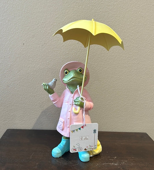 Cute Spring Easter Frog With Raincoat Carrying Umbrella New 11” Tall