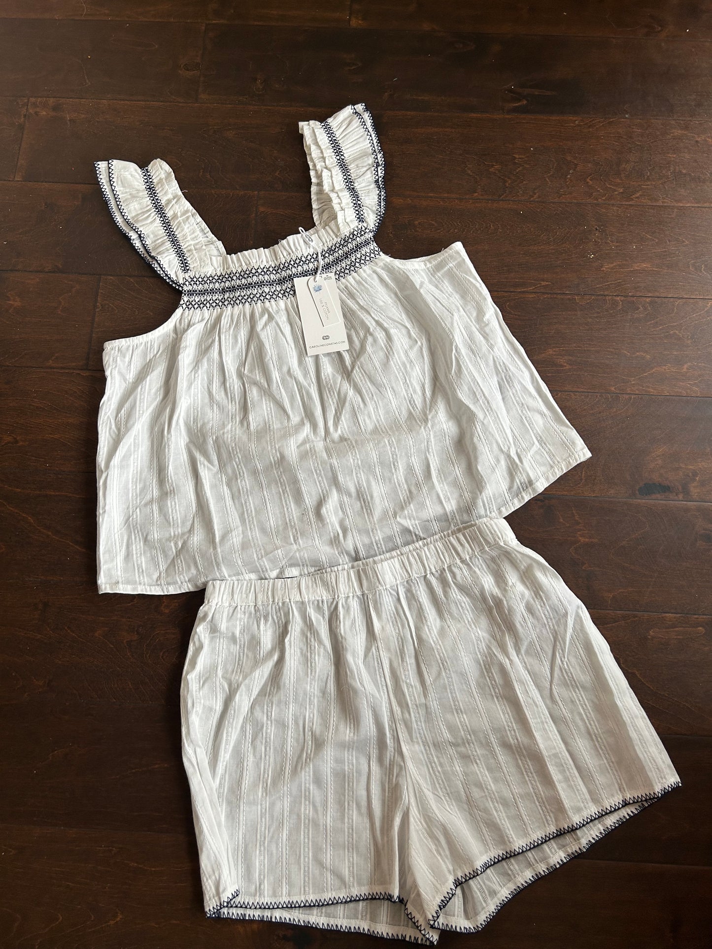New Caroline Constas Womens Blue White Pajama Set Embroidered Cotton