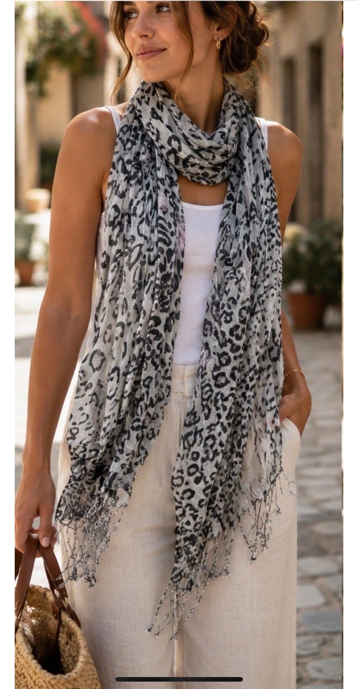 New Womens Metallic Shimmery  Animal Print Fringed Scarf MultiColor 5000-3100