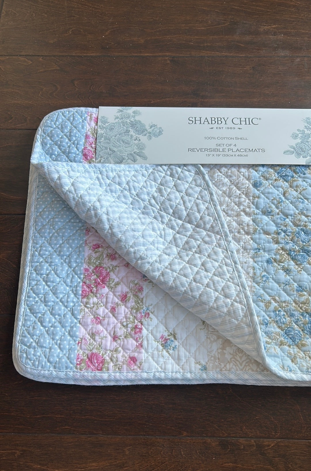 Shabby Chic 4 Scalloped Edged  Quilted Placemats New Floral Roses Striped