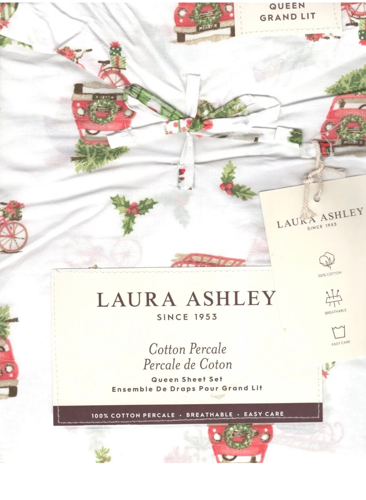 Laura Ashley Queen Sheet Set Holiday Vehicles Evergreen Cottage Farmhouse 4 Pc