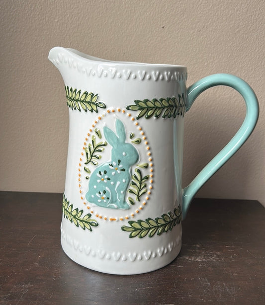 Potters Studio Pitcher Easter Sprung Floral Bunny Rabbit Ceramic New 8.5” Tall