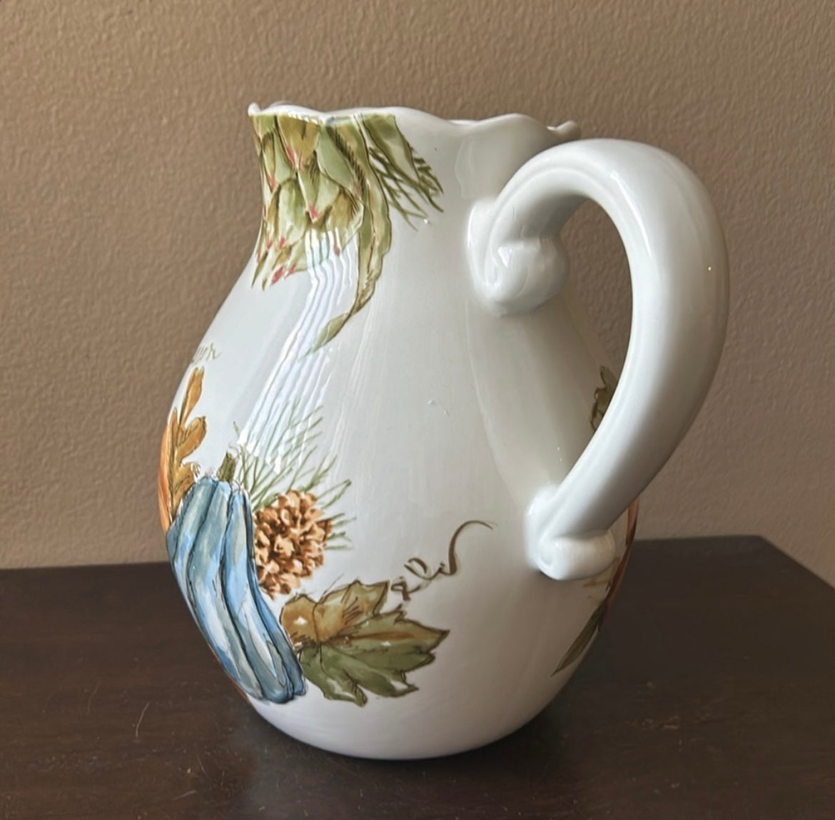 New Ceramic Pitcher Pumpkins Fall Leaves Berries Thanksgiving Ceramic 8.5” Tall
