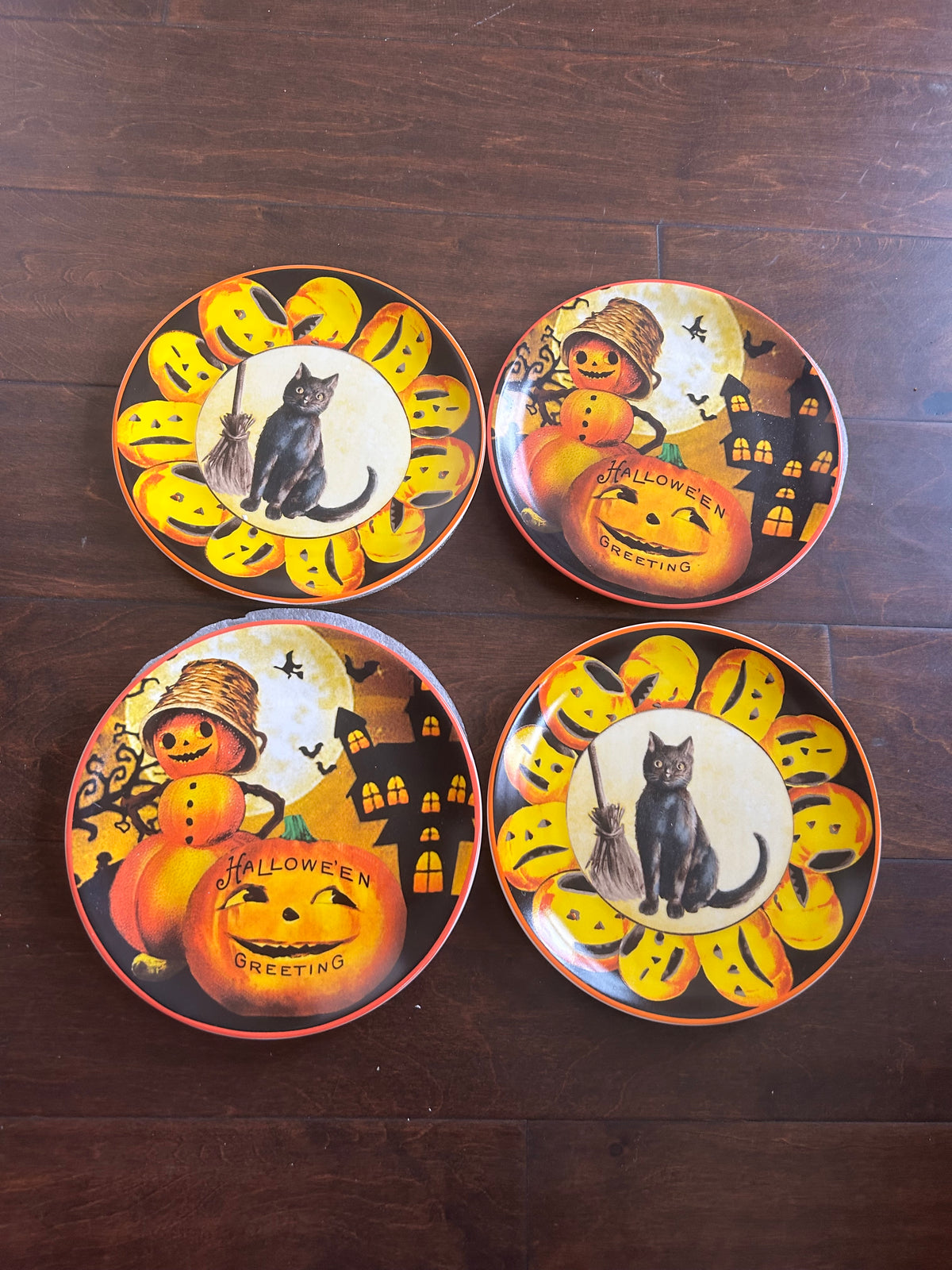 Mr Halloween Set Of 4 Salad Plates New Black Cat Broom Jackolantern