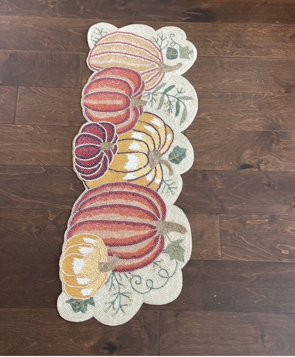 Nicole Miller Fall Beaded Table Runner Pumpkins Leaves Thanksgiving Embroidered