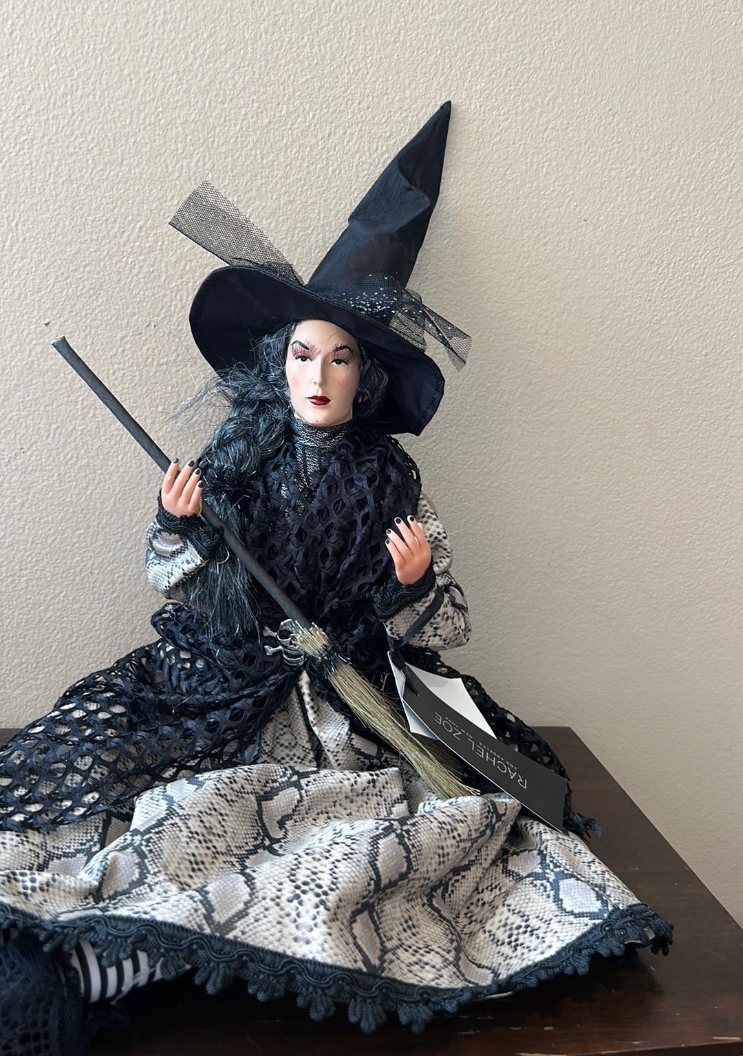 Halloween Witch Doll w/Skull Black Lace Faux Snake Skin Dress 25" Shelf Sitter