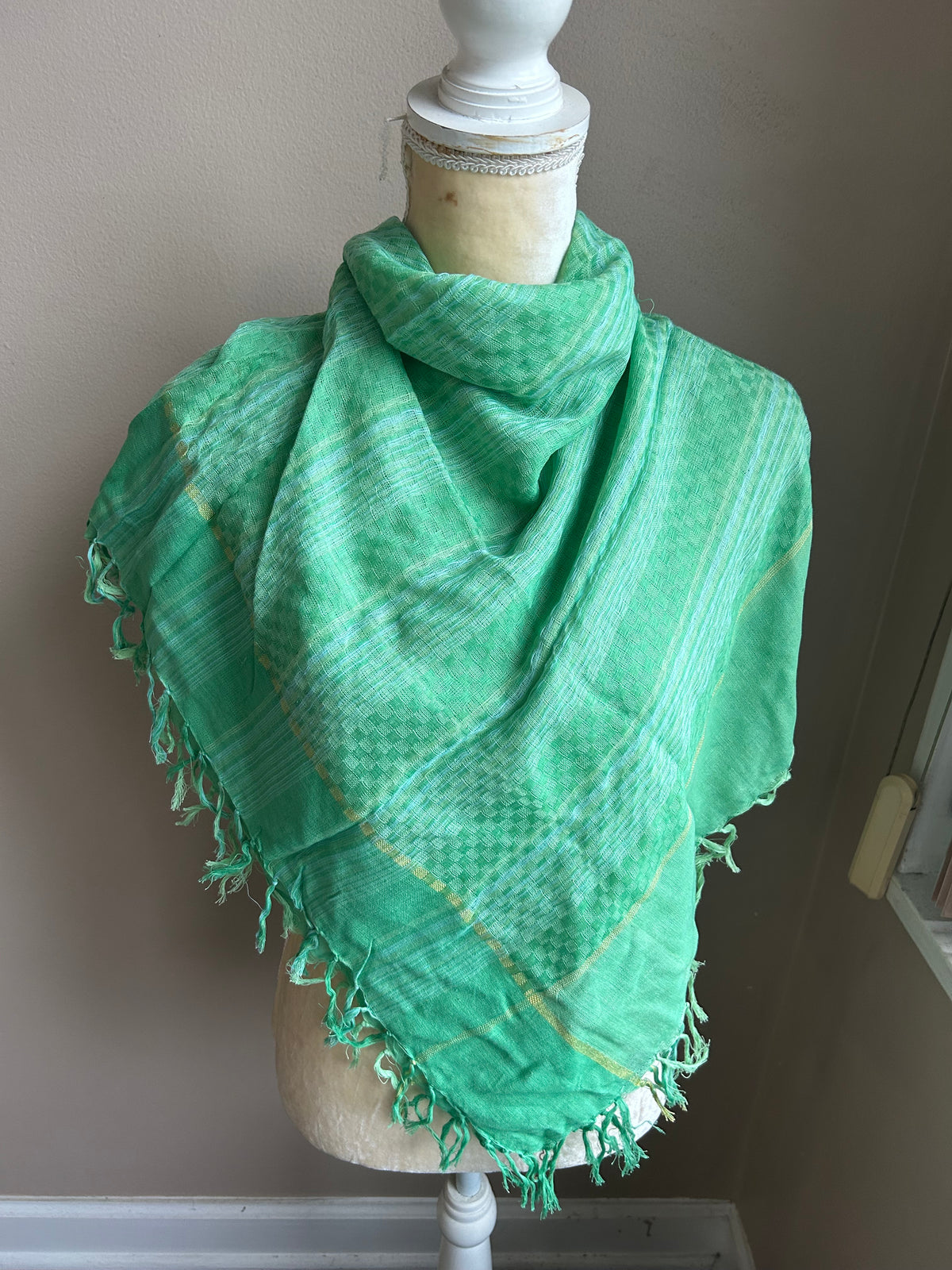 New Womens Scarf Multicolor Green Plaid Fringed Cotton 5002-3102