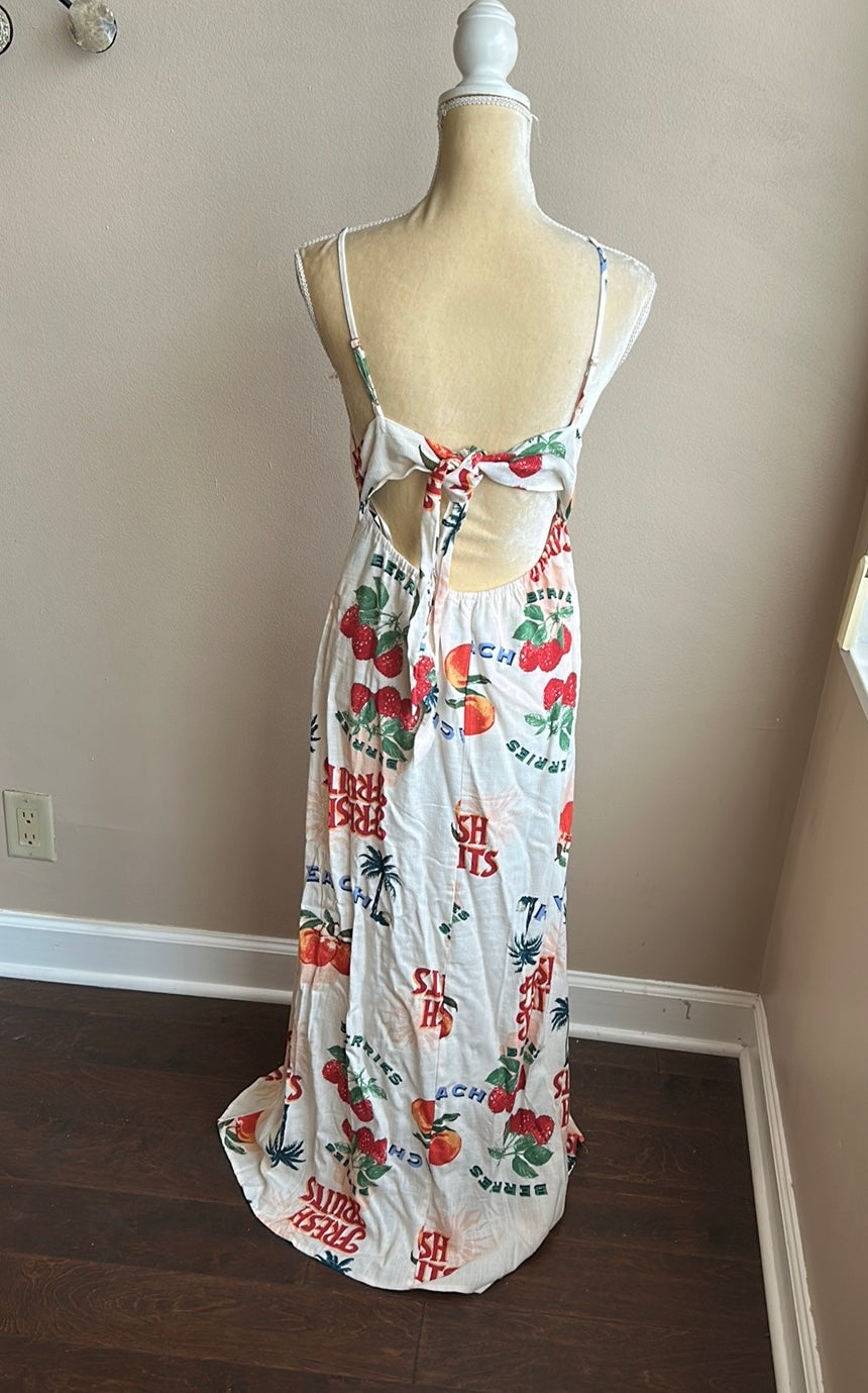 Paper Heart Womens Linen Blend Maxi  Dress Sz M Fruits Palm Trees New Strapless