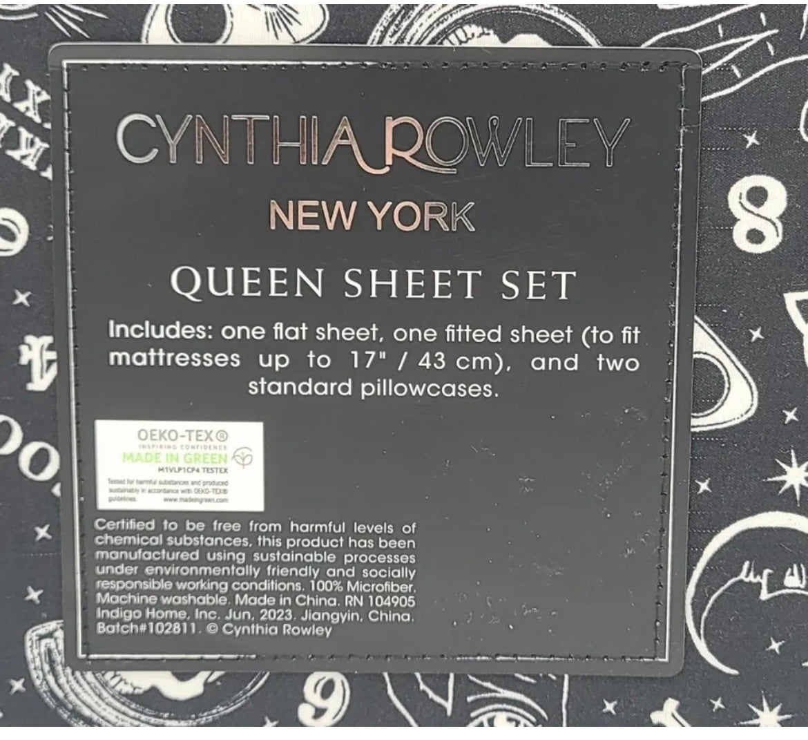 Cynthia Rowley Halloween Ouija Print Sun Stars Moon Skull Sheet Set Black