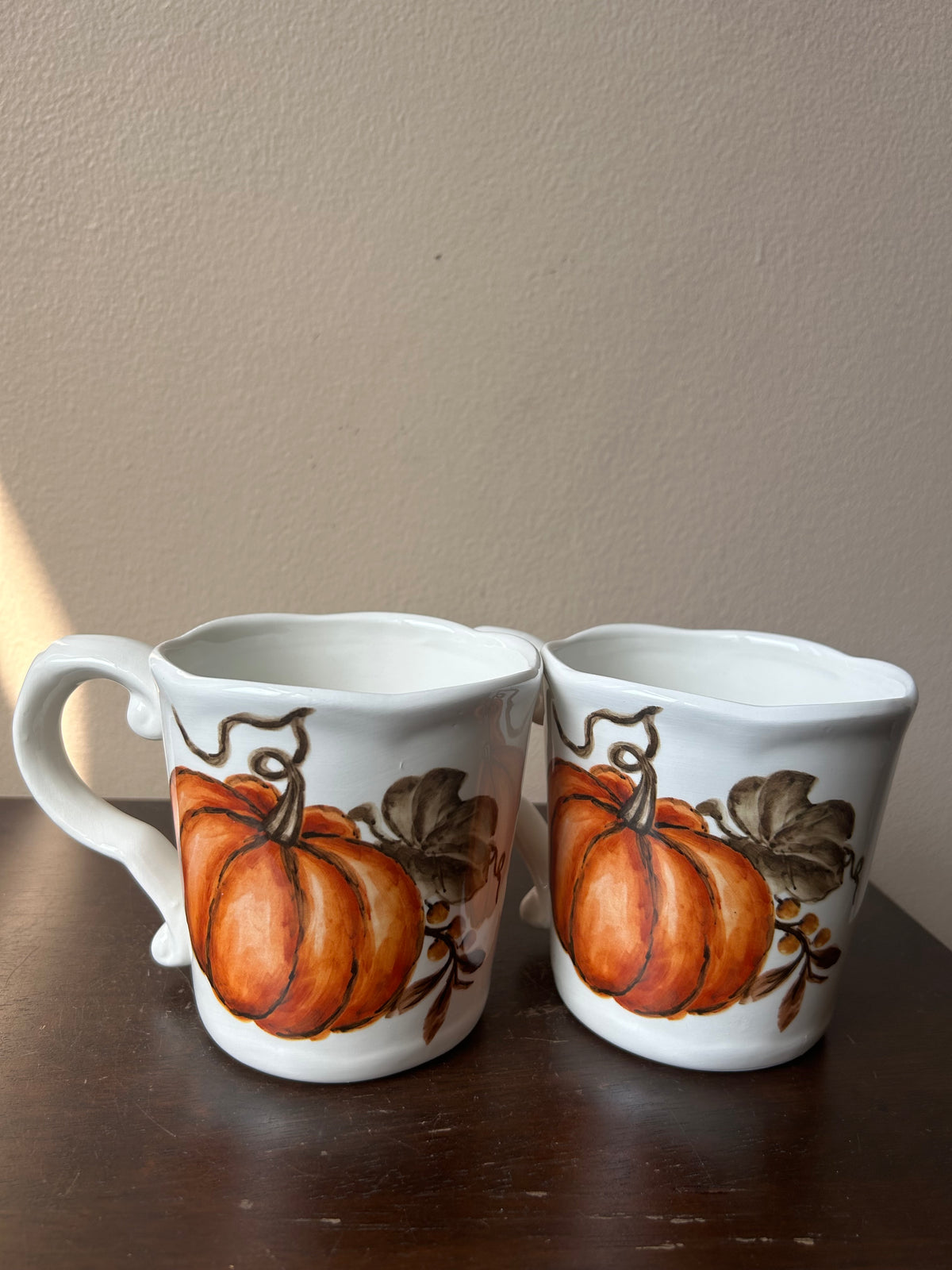 Set Of 2 Pumpkin Fall Coffee Mugs Cups New Thanksgiving Leaves Ceramic