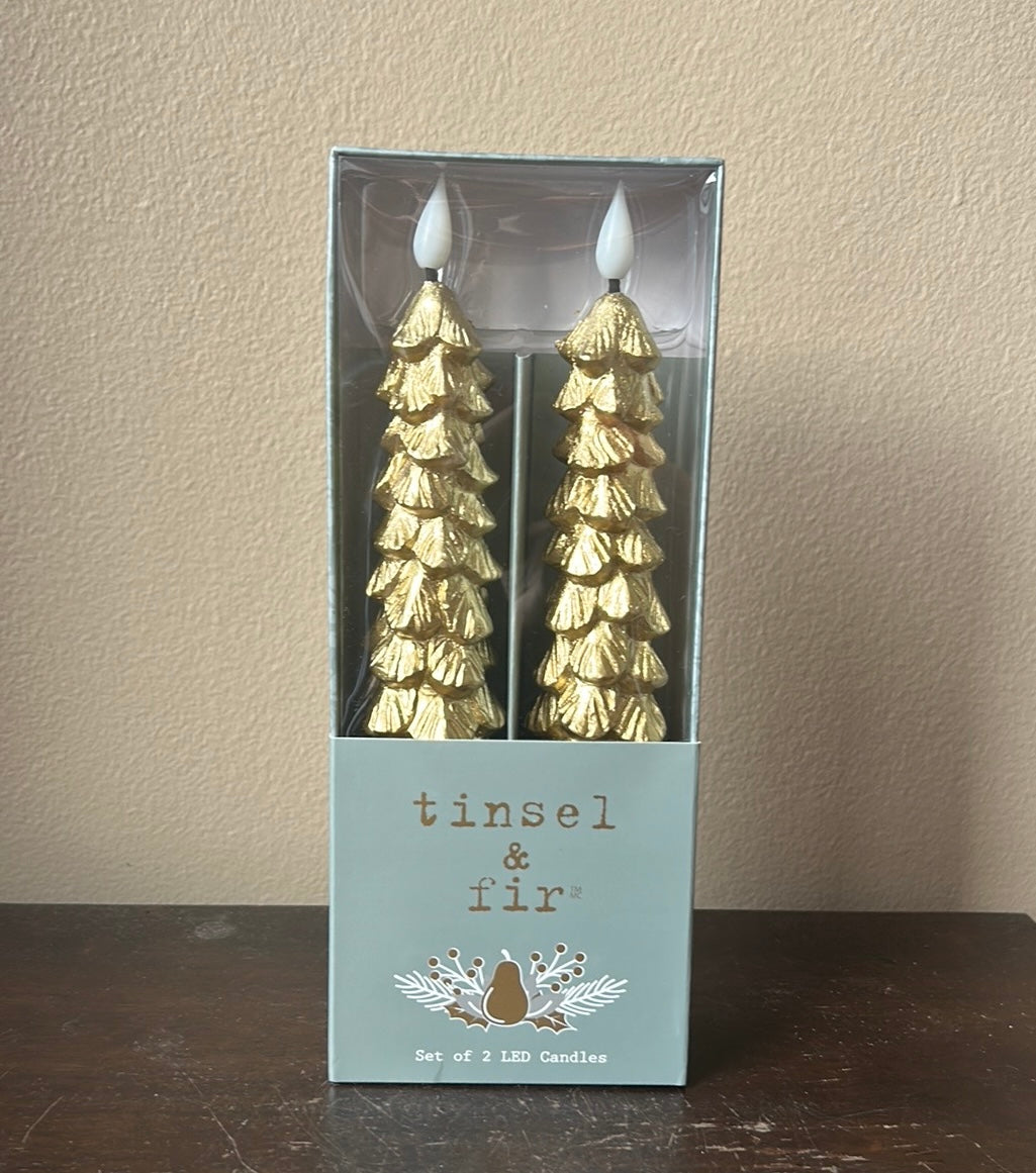 Tinsel & Fir Flameless Taper Candles 2 Pcs LED Christmas Tree Gold with Timer