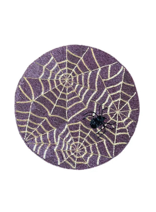 Set Of 4 Tahari Beaded Placemat Spiderweb Purple Web Centerpiece 15” Halloween