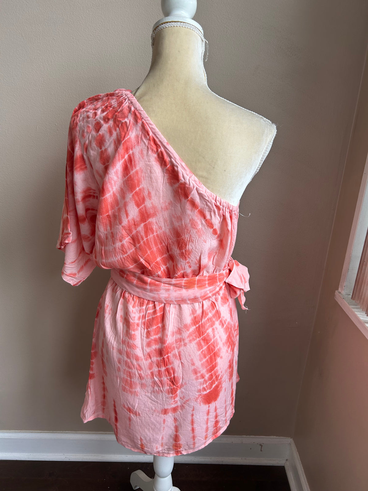 New Womens Tye Dye Dress Sz L Orange One Shoulder With Belt (GSC)
