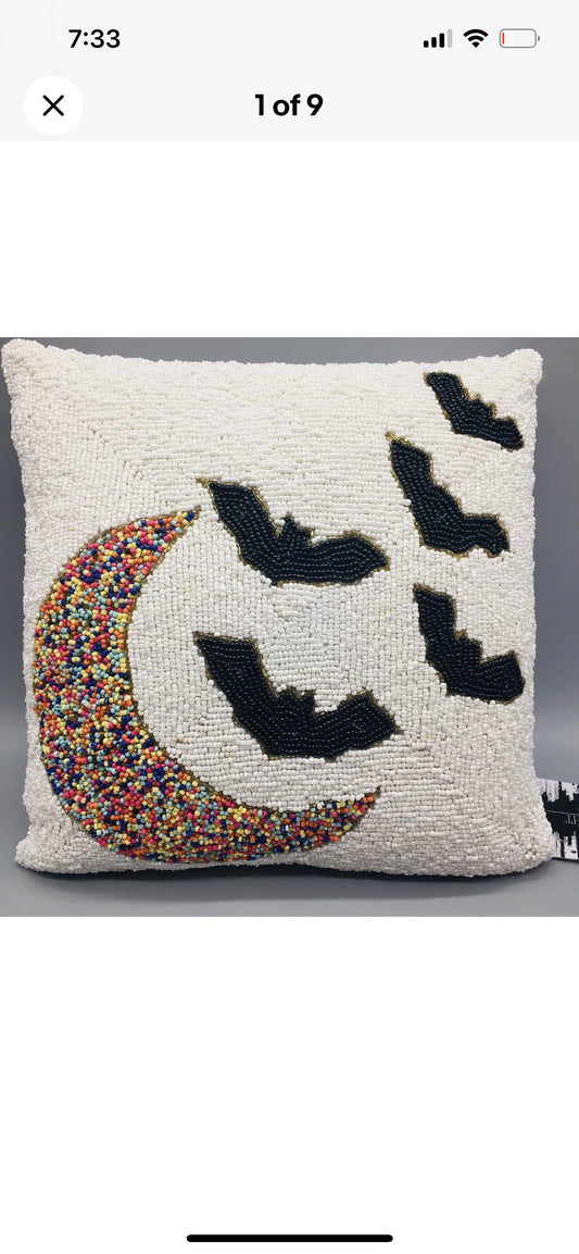 Noir Night Halloween Beaded Throw Pillow Black Bats Colorful Crescent Moon 14x14