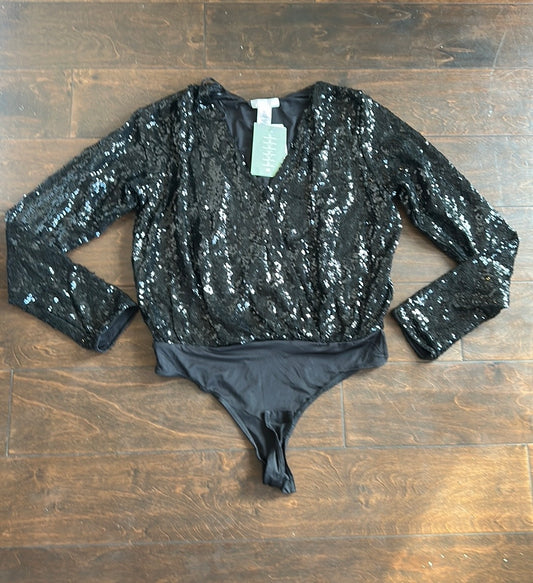 H & M Women’s Sz S Sequined Black Bodysuit Top Blouse Long Sleeve 3425