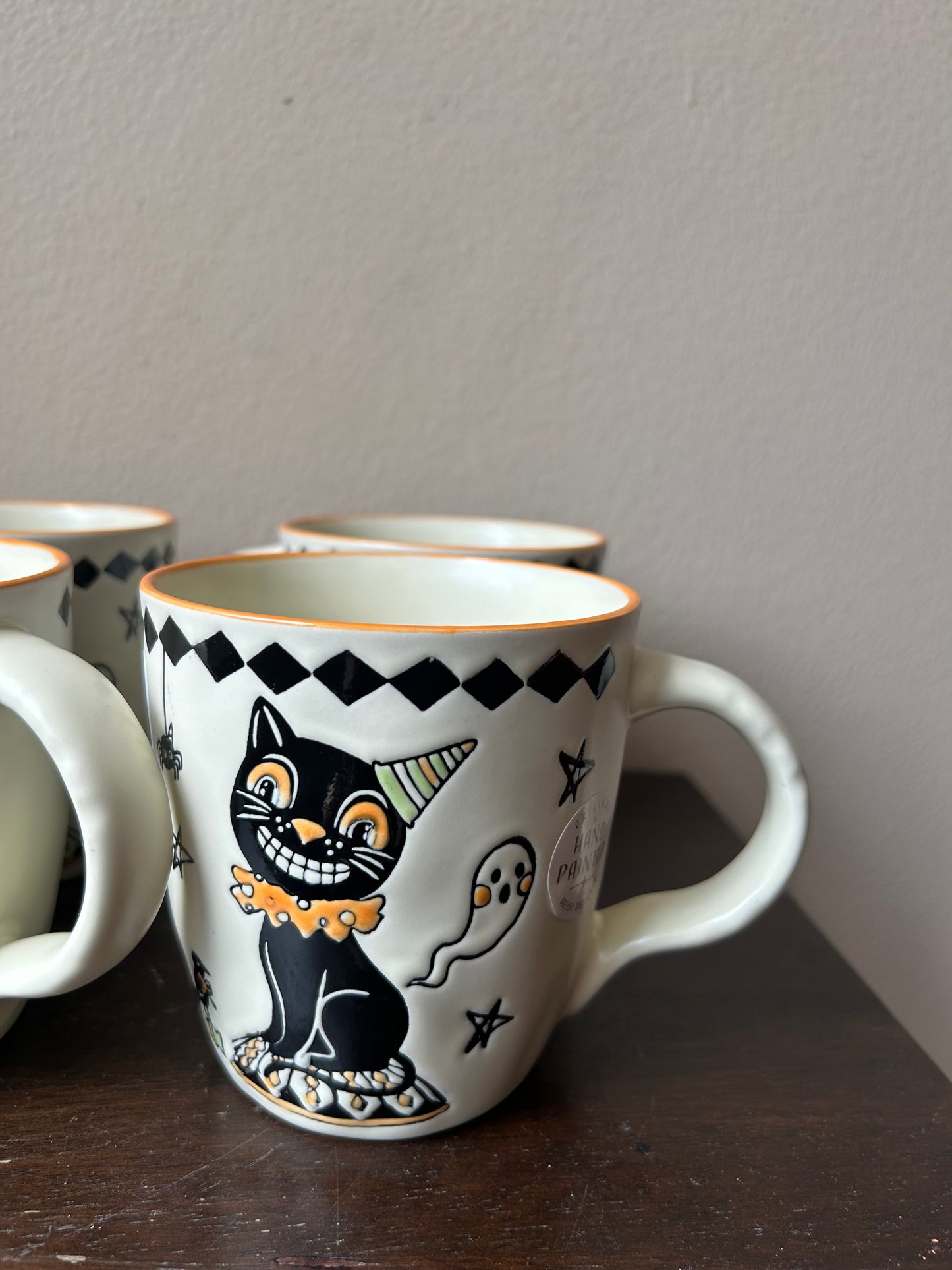 New Eli & Ana Set of 4 Coffee Mugs Halloween Cat Ghosts Spider Handpainted