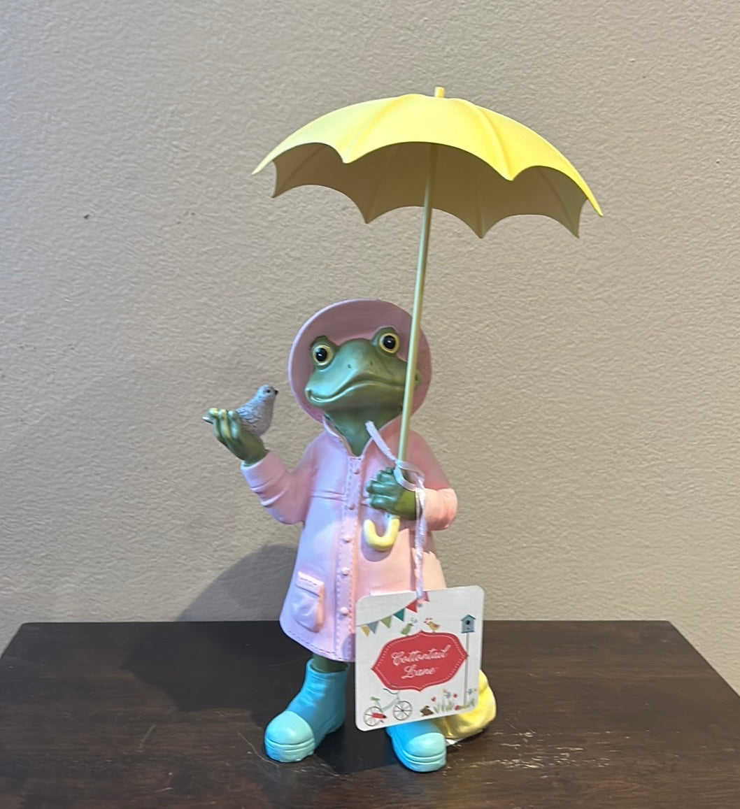 Cute Spring Easter Frog With Raincoat Carrying Umbrella New 11” Tall