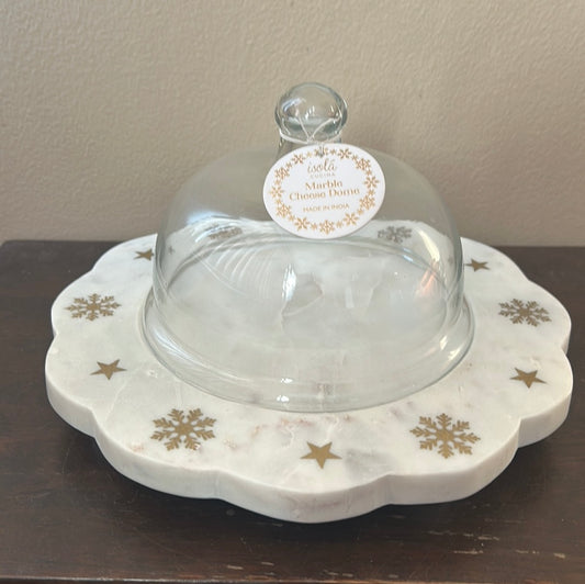 New Marble Cake Platter With Dome Snowflake Design Christmas
