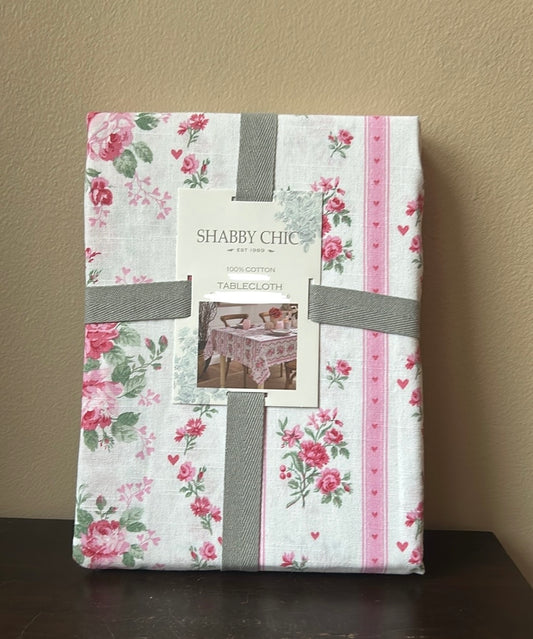Shabby Chic Valentines Tablecloth 60”x84” New Roses Hearts Love Cotton