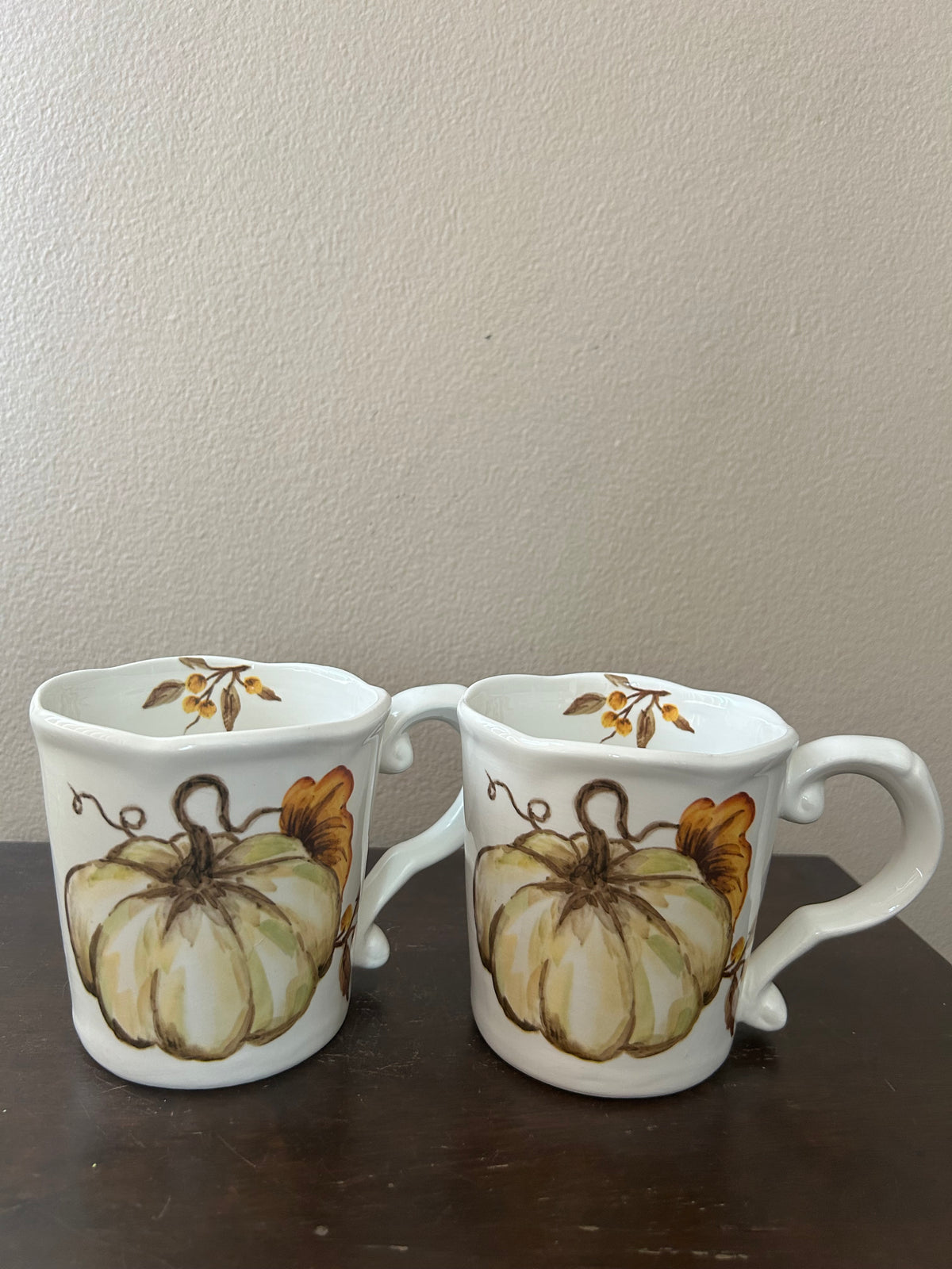 Set Of 2 Pumpkin Fall Coffee Mugs Cups New Thanksgiving Leaves Ceramic