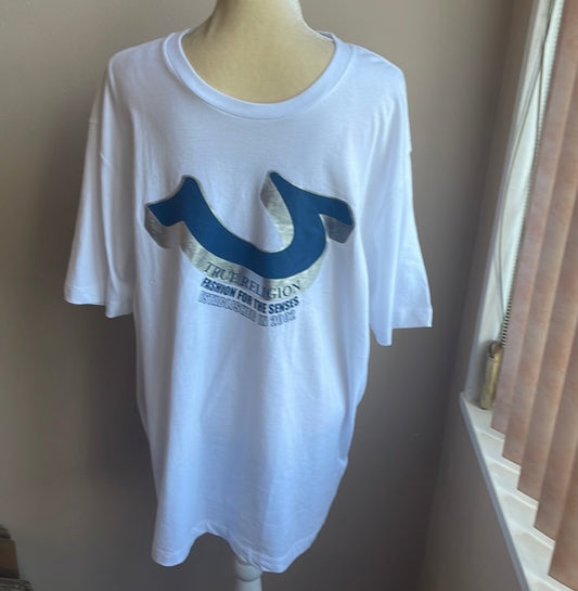 True Religion Mens Slanted HD Graphic Tee Tshirt Sz 3XL White Blue Nwt