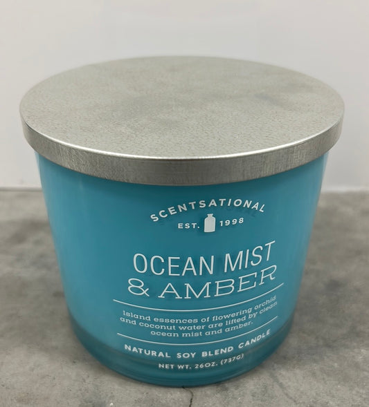 Scentsational Ocean Mist & Amber Natural Soy Blend Candle 26 Oz Blue Jar