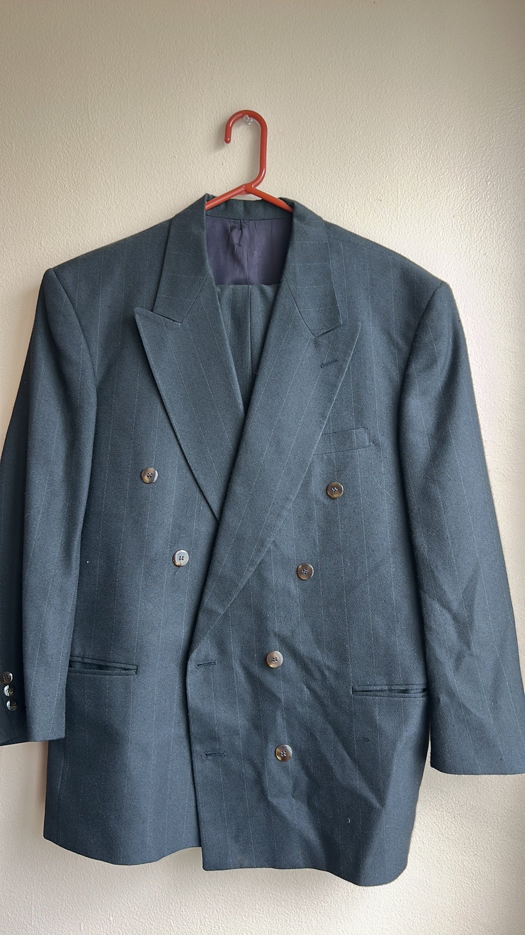 Cezar Del Prado Men’s 2 Pc Suit Striped Sz 42 Double Breasted Black Made Spain