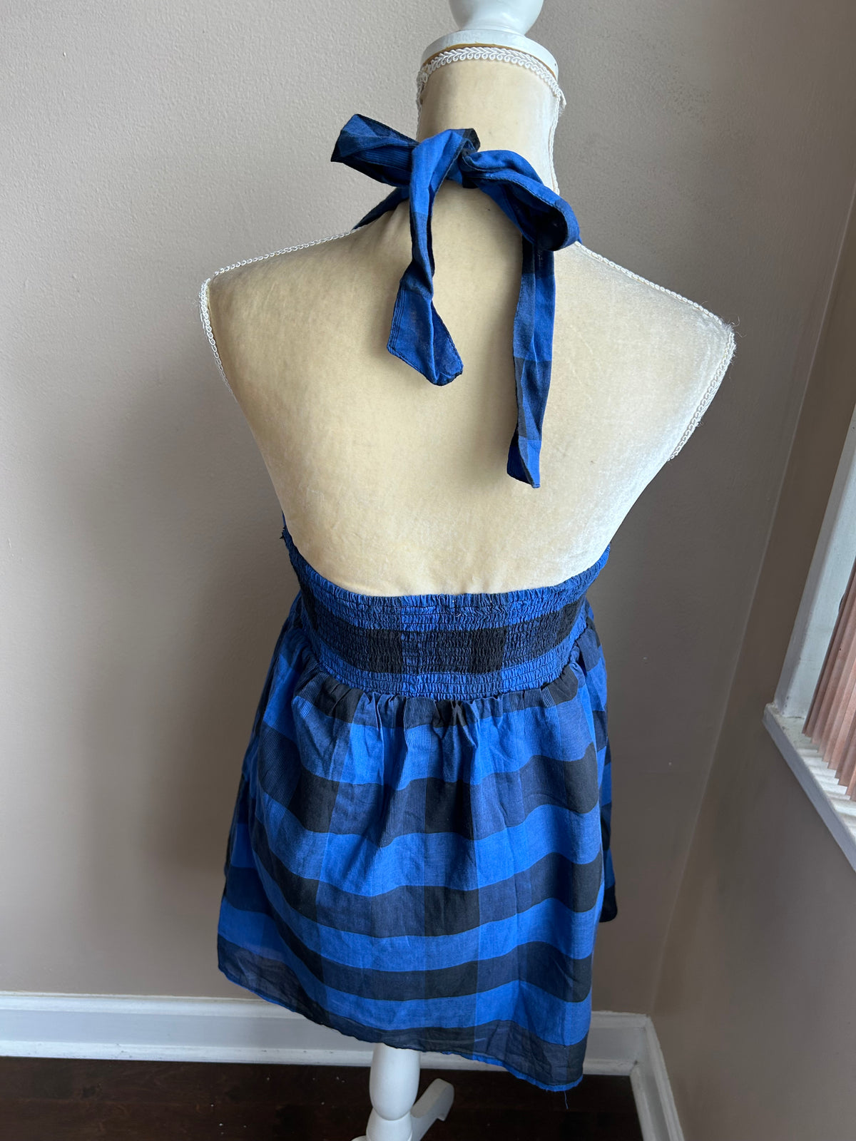 At Last Mini Juniors Dress Sz M Blue Black Plaid Cotton Halter (GSC)