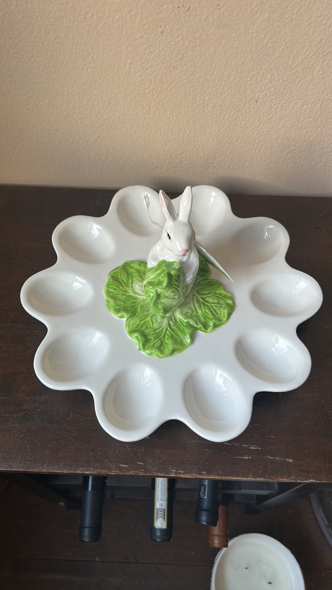 Corner Ruby Spring Easter Bunny Cabbage Ceramic Deviled Egg Serving Platter New