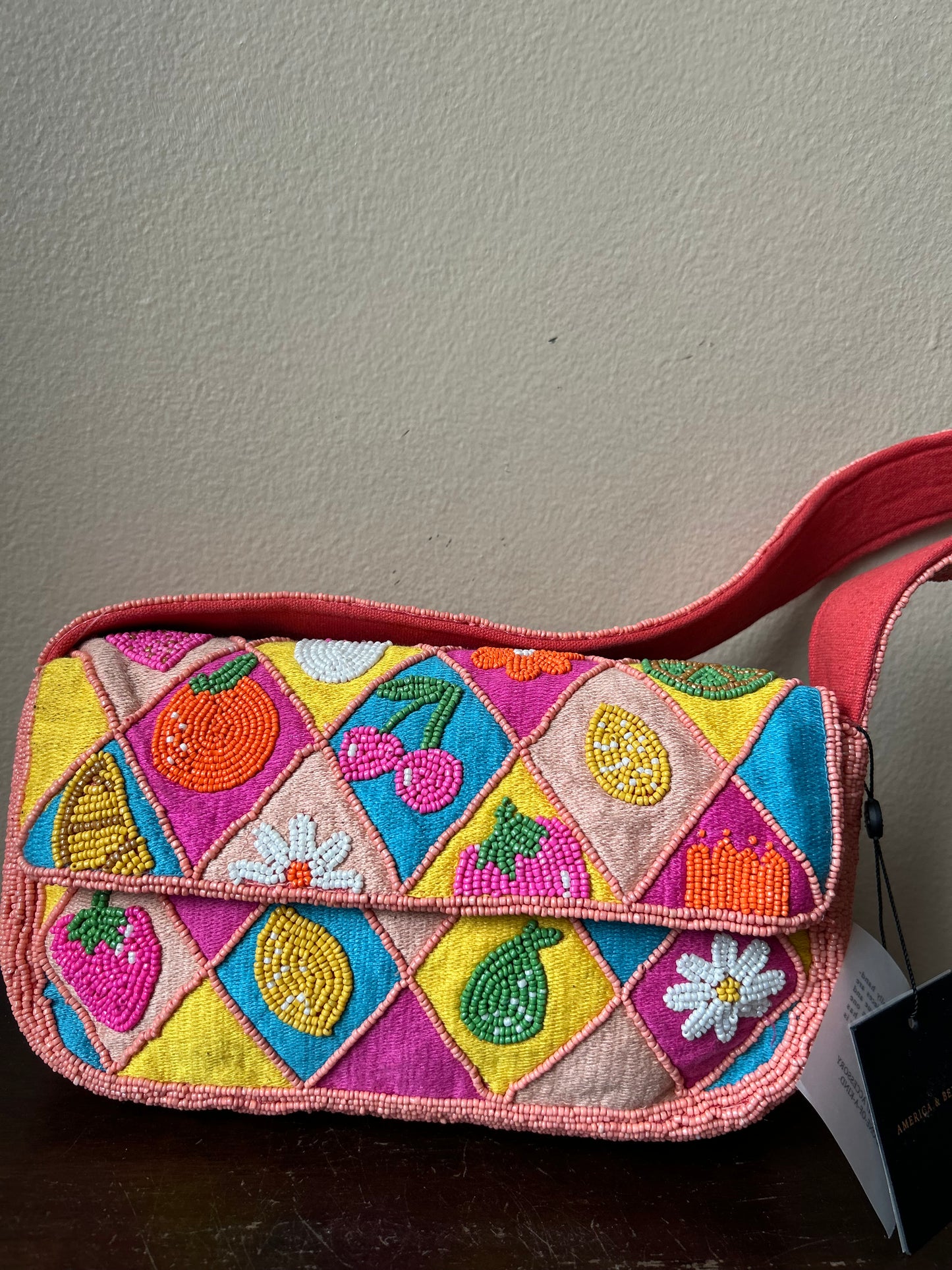 America & Beyond Beaded Pink Colorful Fruit Floral Shoulder Bag New