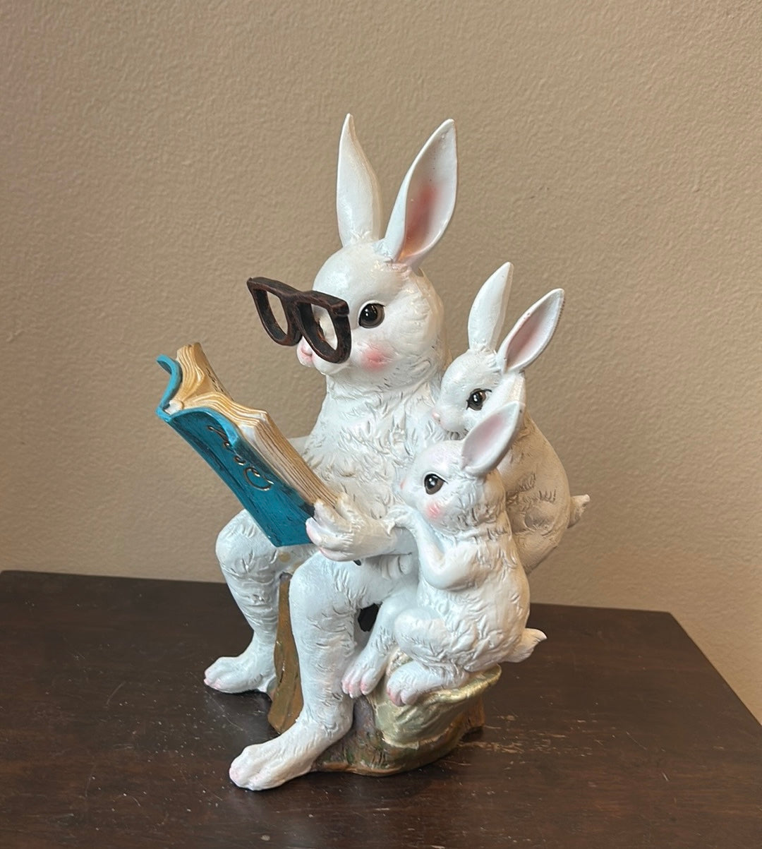 New Easter Bunny Reading Story Book To Baby Bunnies Figurine 11”