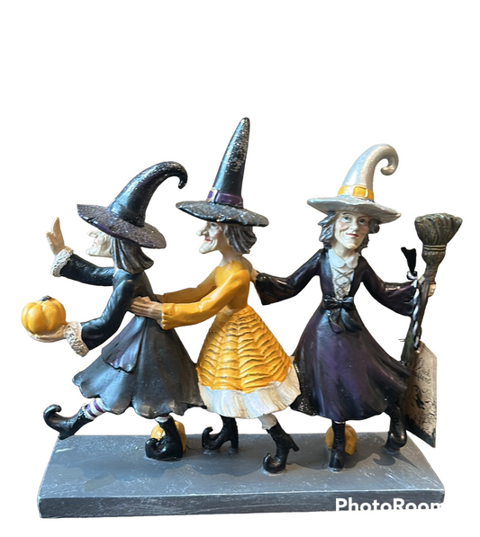 Set of 3 Witches With Witch Hats Broom Halloween Decor Figurine