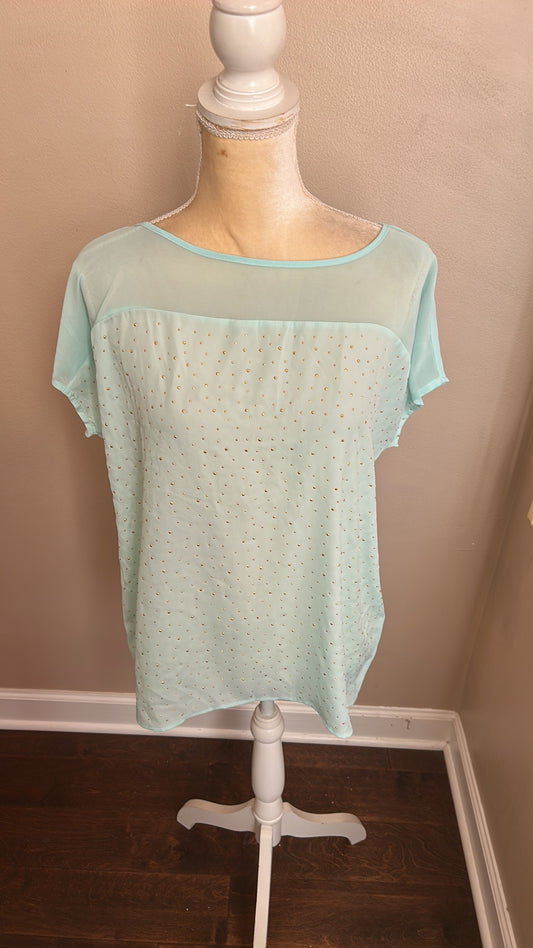 DressBarn Women’s New Top Blouses Green With Gold Dots Sz M ST3225