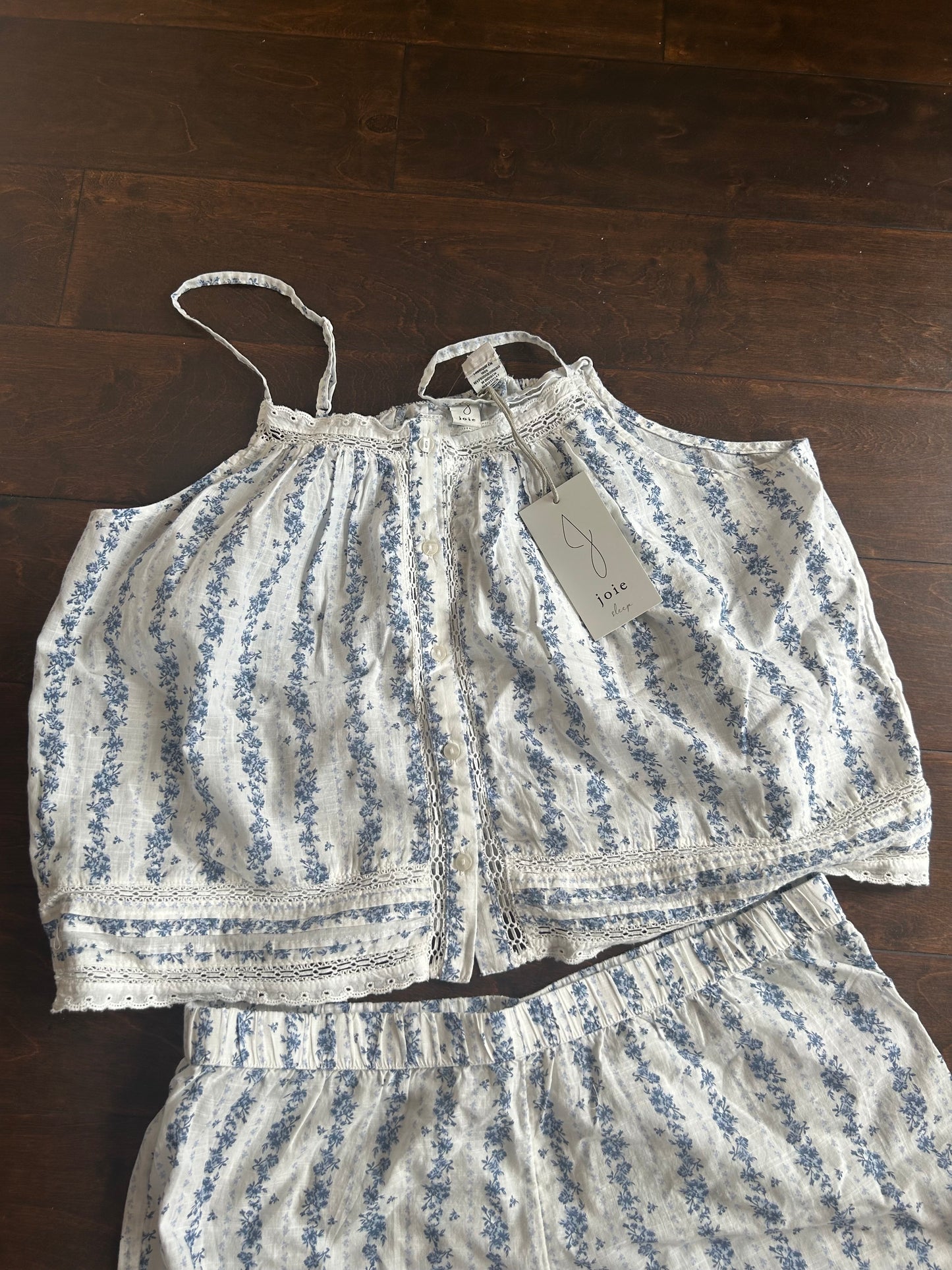 Joie Womens Blue White Flora Pajama Lace Set Shorts Top New Lace Cotton