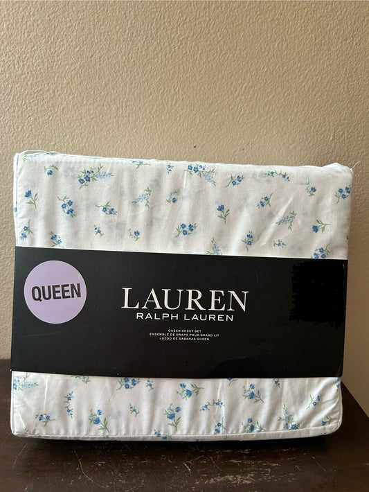 Ralph Lauren floral blue white Cotton 4 Pc Queen Sheet Set NEW