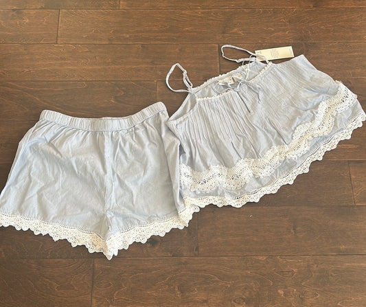 Calypso Womens Blue White Pajama Set Shorts Top New Lace Detail Cotton