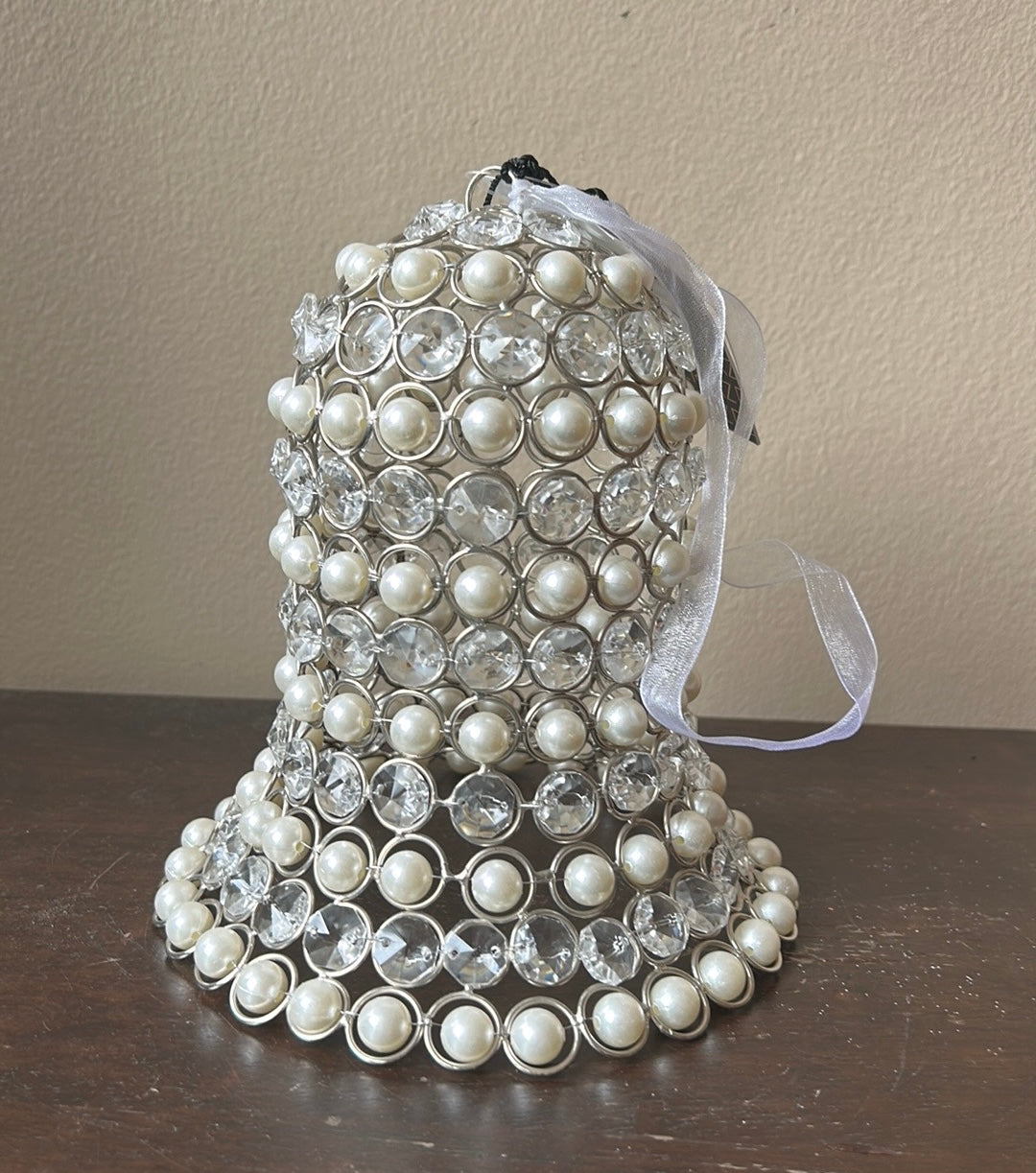 Rachel Zoe Faux Rhinestone & Pearl Christmas Bell New Silver White 8” Tall