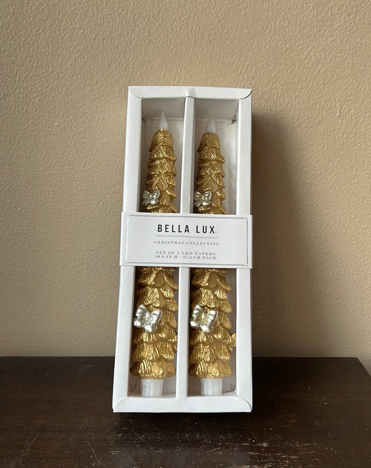 Bella Lux Flameless Taper Candles 2 Pcs LED Christmas Tree Bows 10.8” Gold