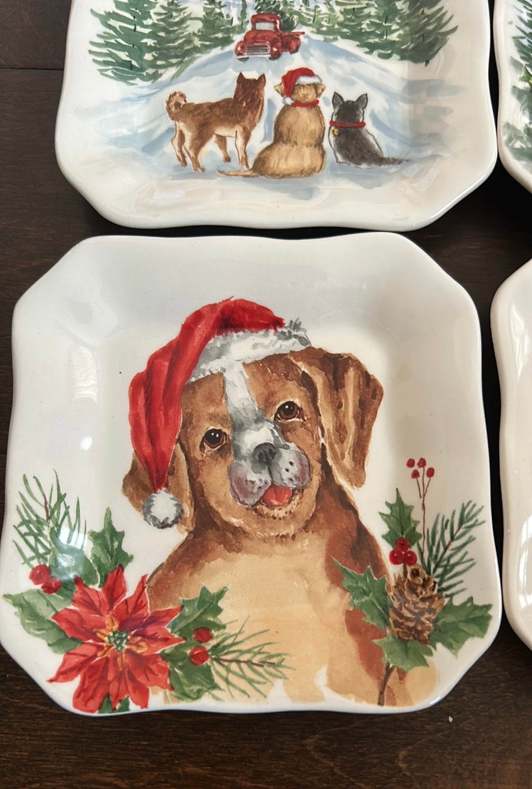 Maxcera Set Of 4 Christmas Appetizer Plates New Dogs Evergreen Trees