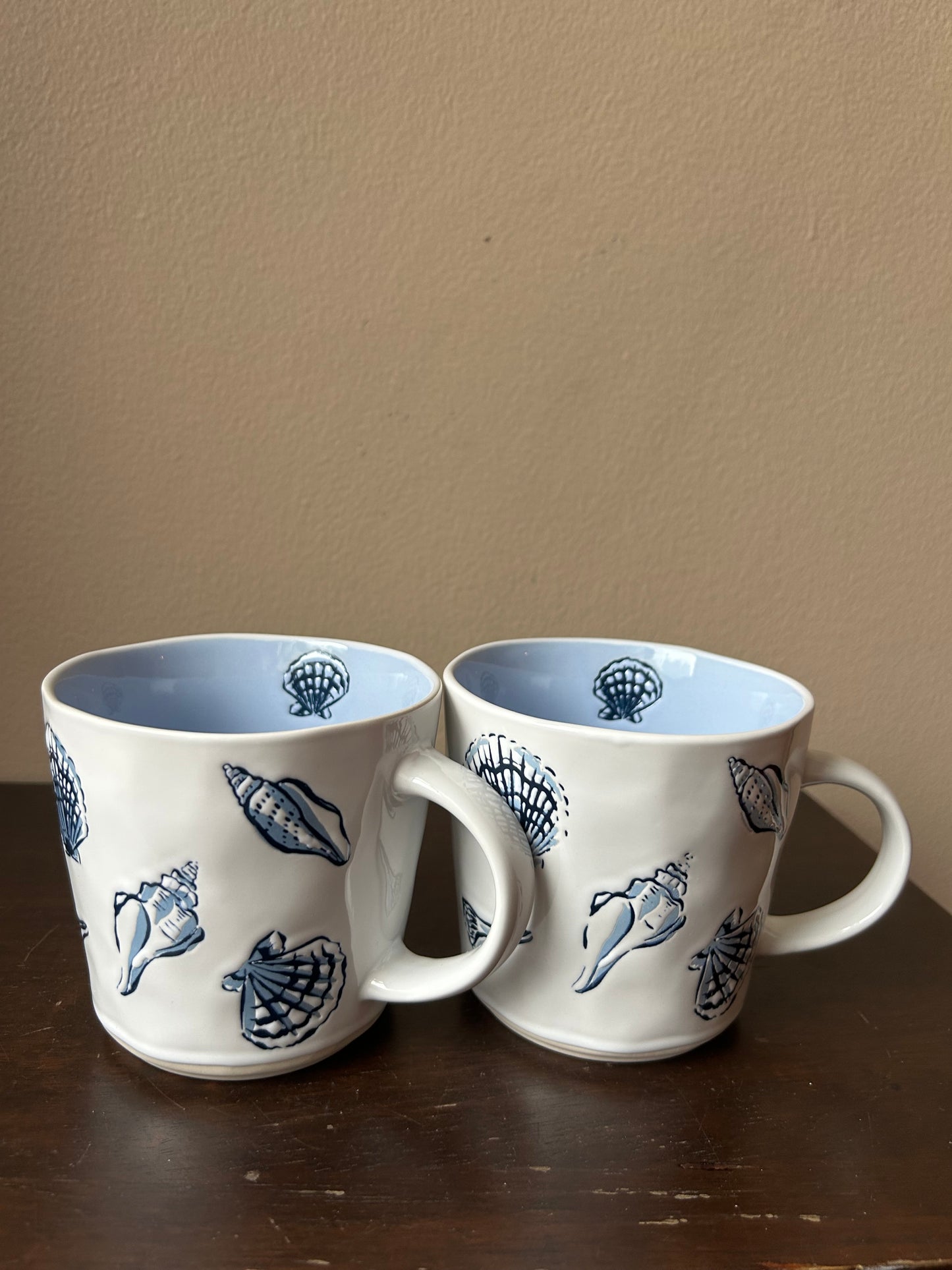 New Set Of 2 Coastal  Seashells Nautical Mugs Ceramic 16 Oz