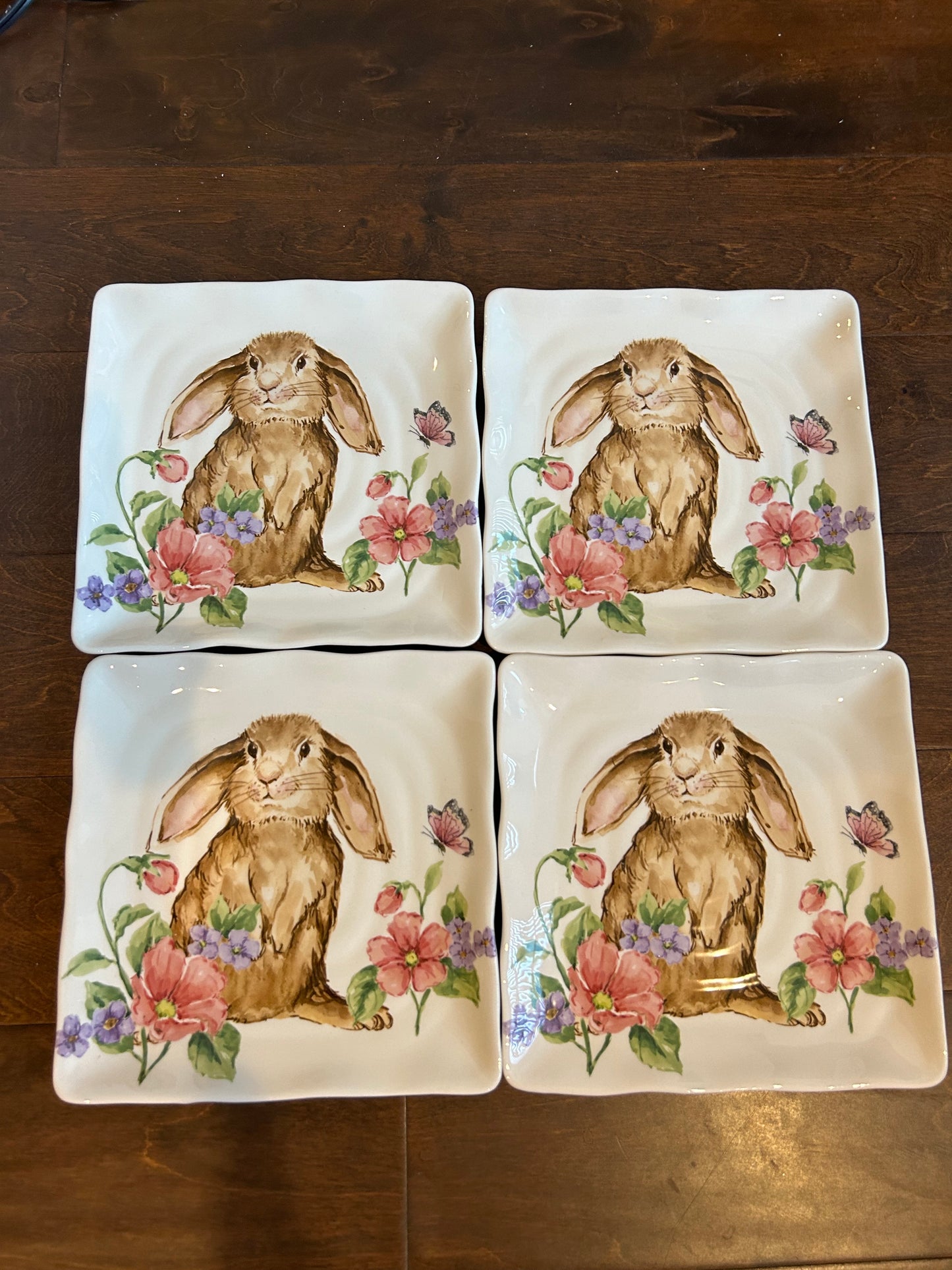 Set Of 4 Bunny Rabbit Salad Plates Ceramic New Floral Easter