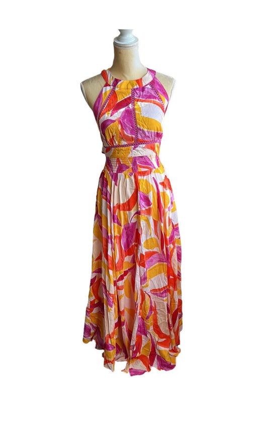 Abel the Label Anthropologie Rumi Maxi Dress NWT Yellow Purple Sexy Back