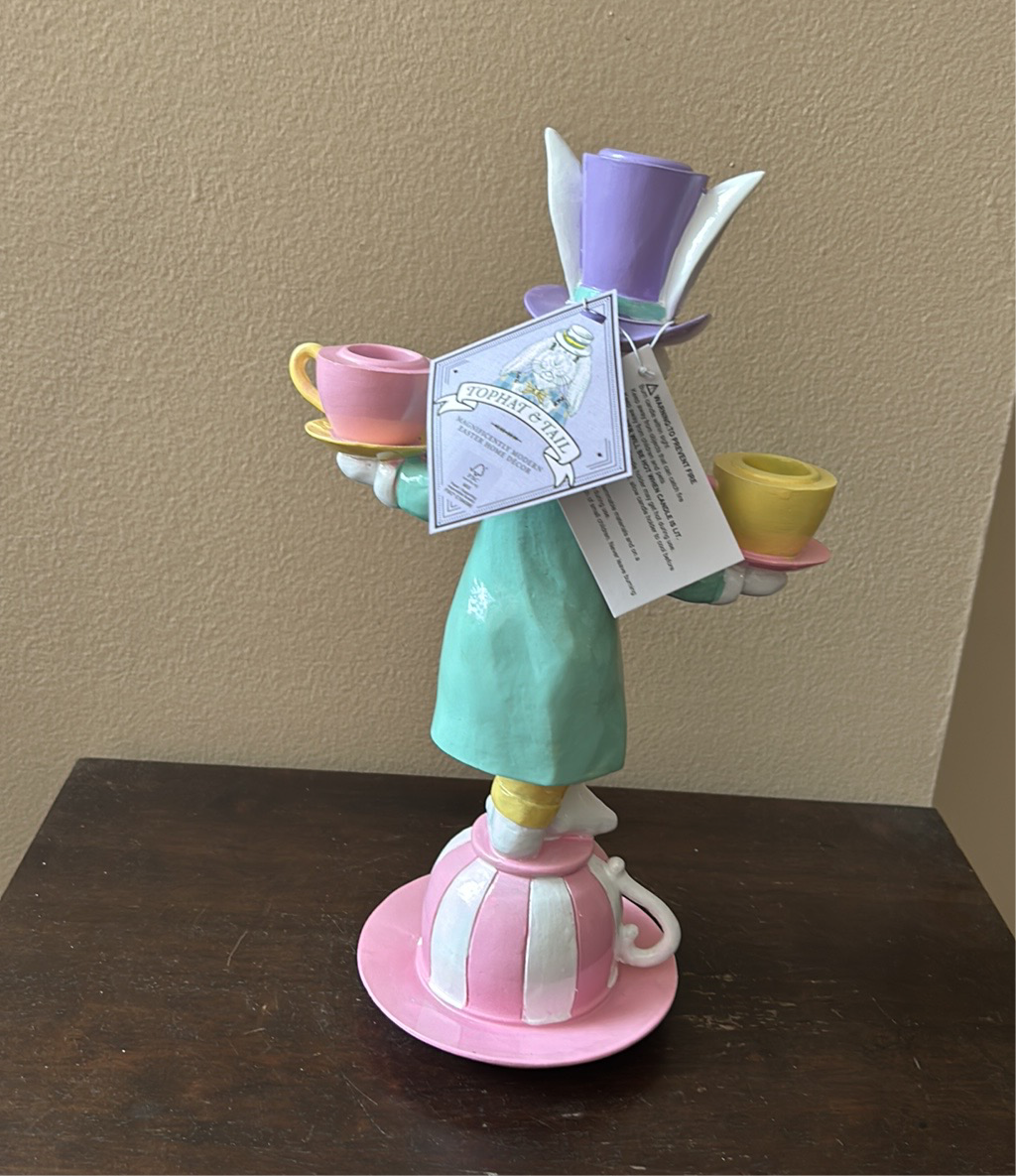 NWT Tophat & Tail Mad Hatter Easter Bunny Cups On TeaCup Candelabra 12”