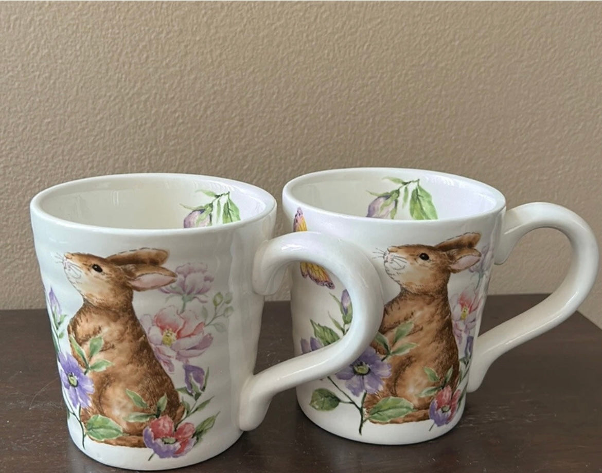 Coffee Mugs Set Of 2 Cups New Easter Bunny Floral Spring Pattern